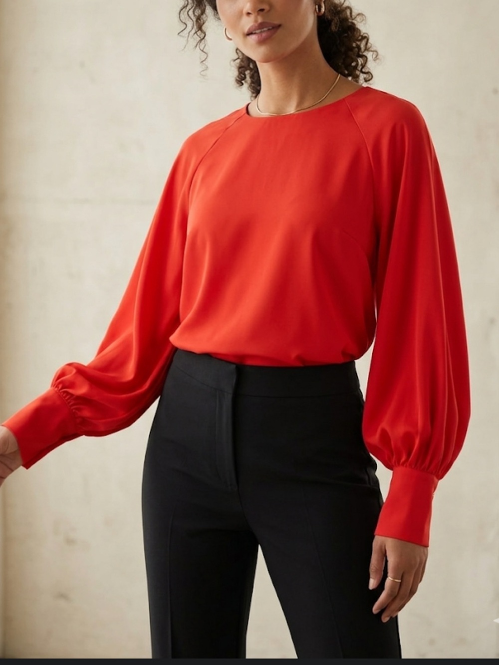 Nine West Size M Red Satin Balloon-Sleeve Blouse
